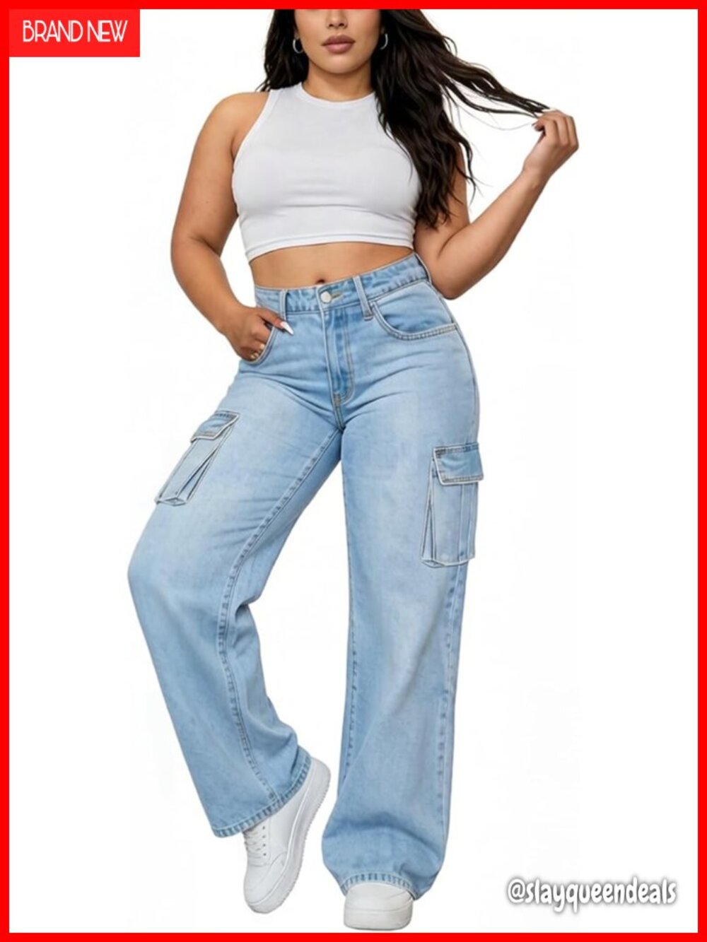 Plus Size Cargo Jeans High Waisted Stretchy Straight Leg